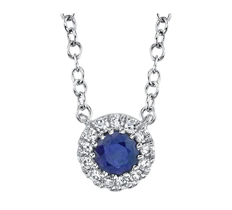 14K WHITE GOLD DIAMOND HALO SAPPHIRE NECKACE