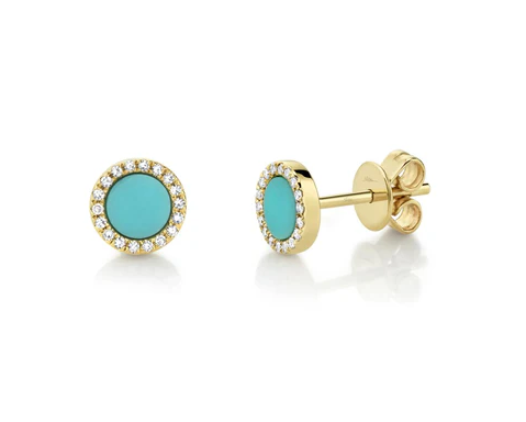 14K YELLO GOLD DIAMOND AND TURQUOISE CIRCLE STUD EARRINGS