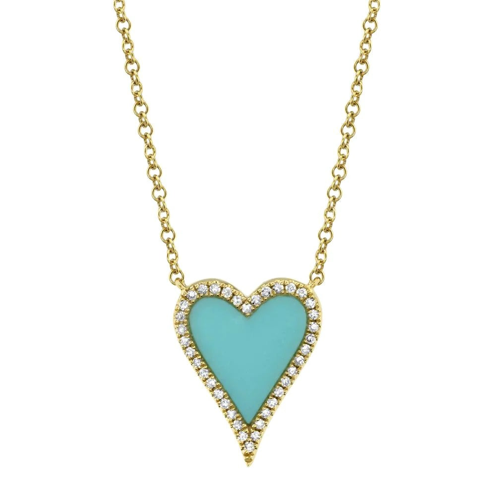 14K YELLOW GOLD TURQUISE AND DIAMOND HEART NECKLACE