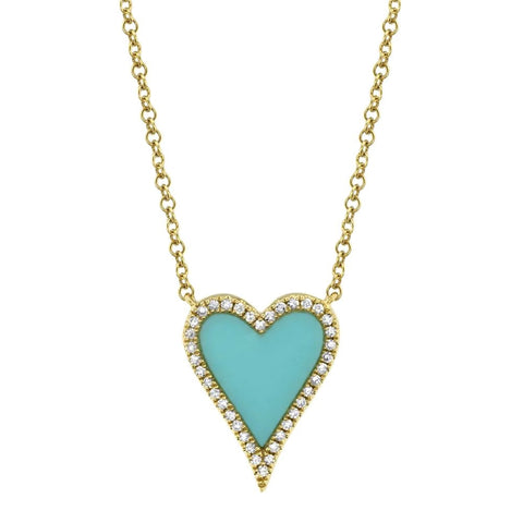 14K YELLOW GOLD TURQUISE AND DIAMOND HEART NECKLACE