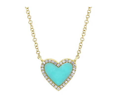14K YELLOW GOLD TURQUOISE AND DIAMOND HEART NECKLACE