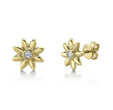 14K YELLOW GOLD DIAMOND FLOWER STUD EARRINGS