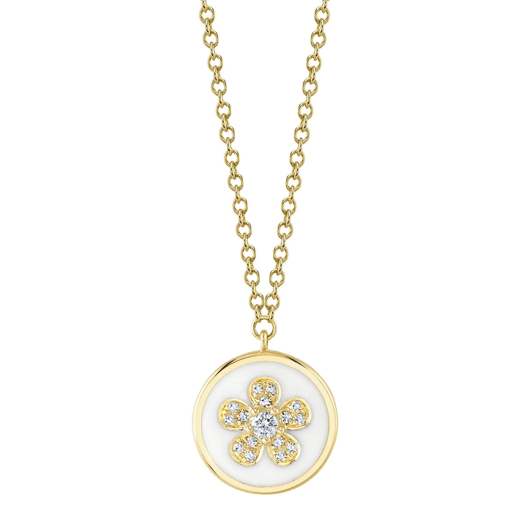 14K YELLOW GOLD ENAMEL AND DIAMOND FLOWER NECKLACE
