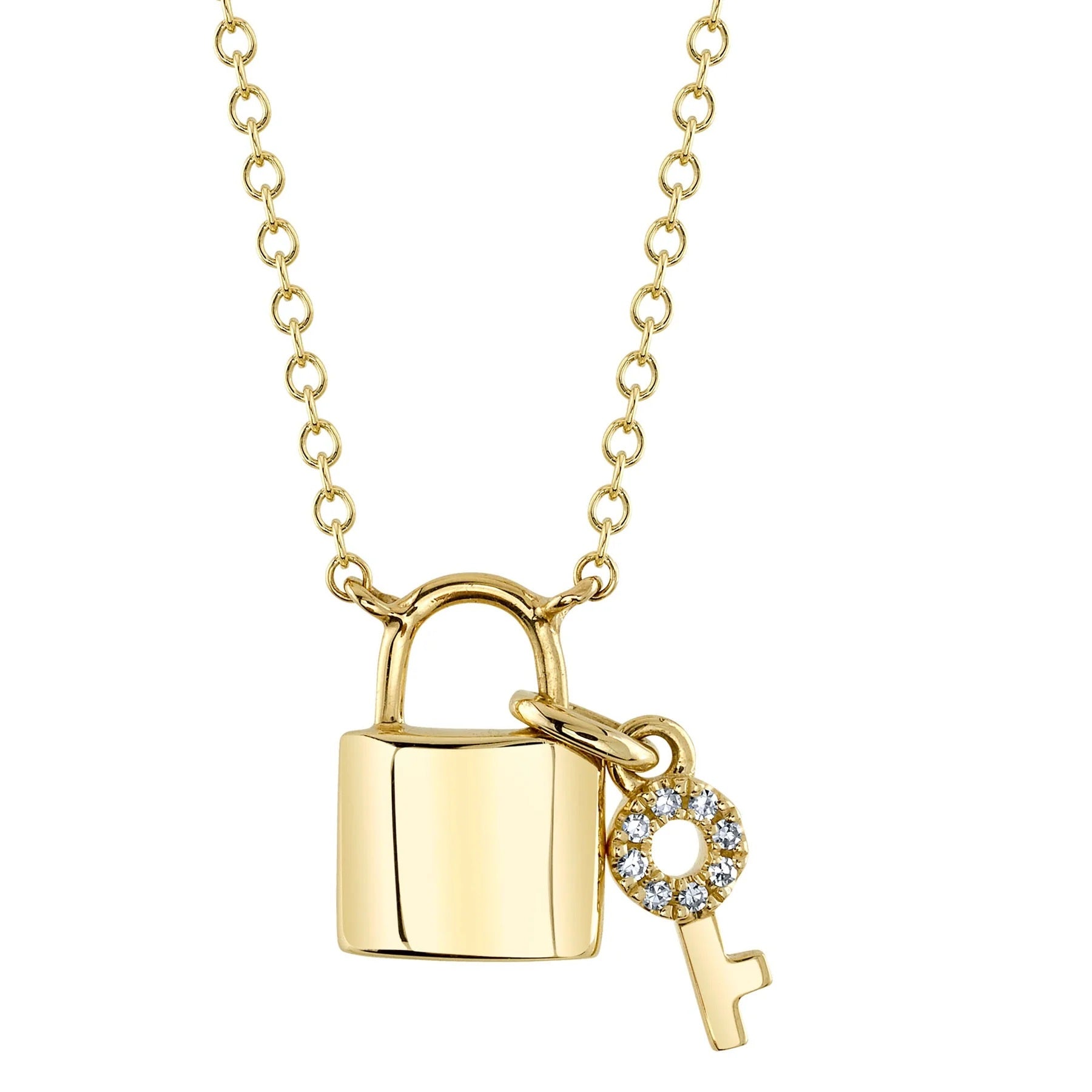 14K YELLOW GOLD LOCK AND KEY NECKLACE WITH DIAMONDS