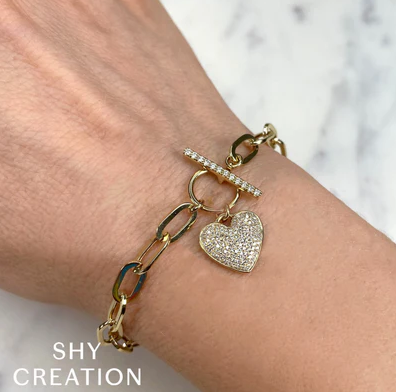 14K YELLOW GOLD DIAMOND PAVE HEART LINK BRACELET WITH TOGGLE