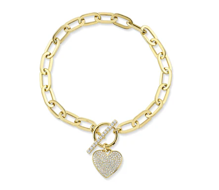 14K YELLOW GOLD DIAMOND PAVE HEART LINK BRACELET WITH TOGGLE