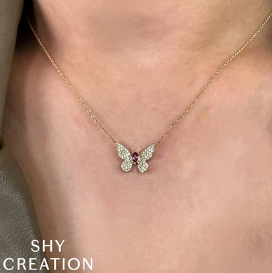 14K YELLOW GOLD RUBY AND DIAMOND BUTTERFLY NECKLACE