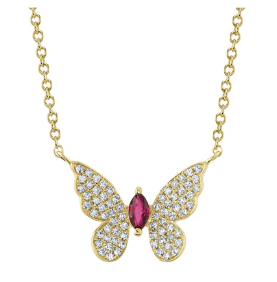 14K YELLOW GOLD RUBY AND DIAMOND BUTTERFLY NECKLACE