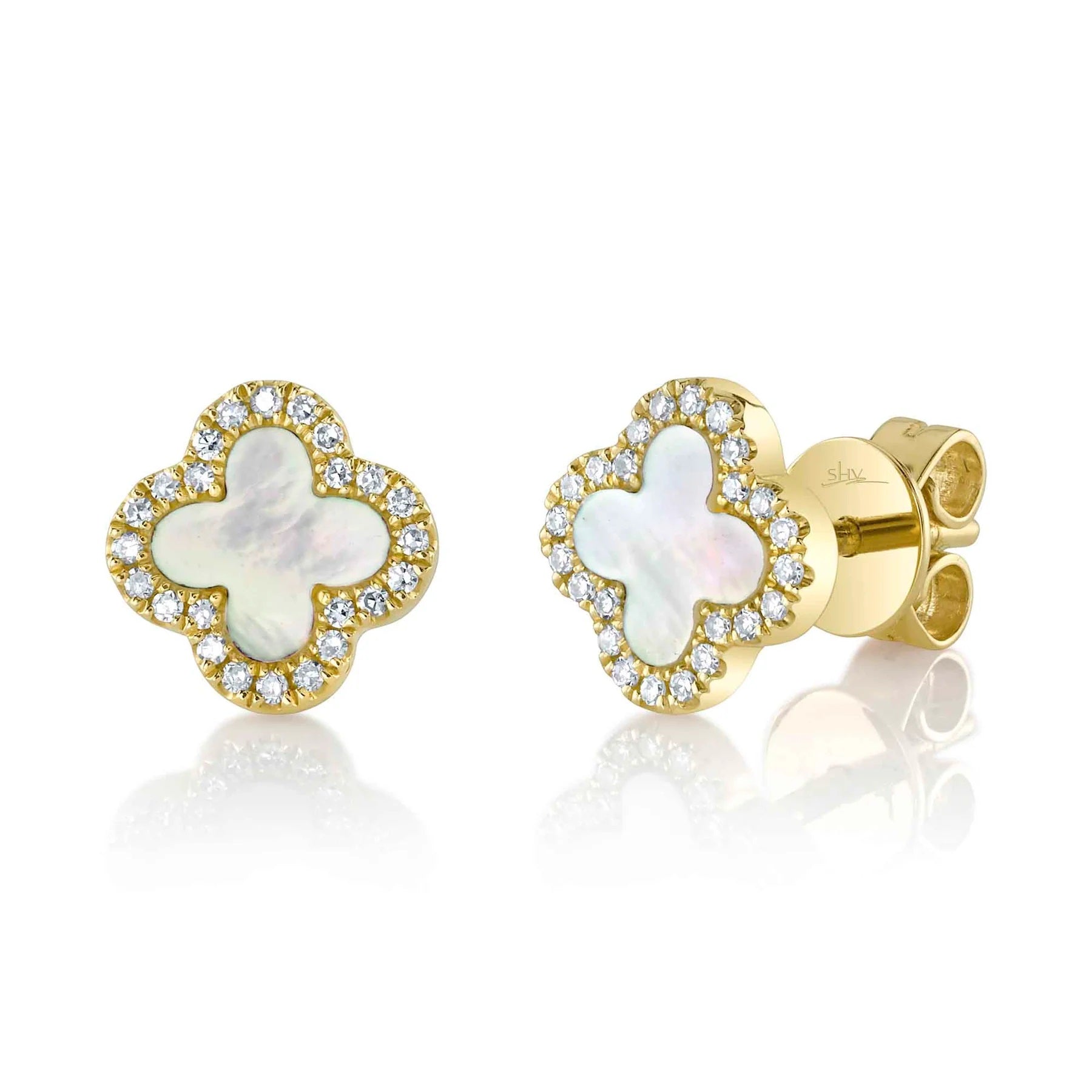 14KY.11CT DIAMOND/.35CT MOTHER OF PEARL CLOVER EARRING