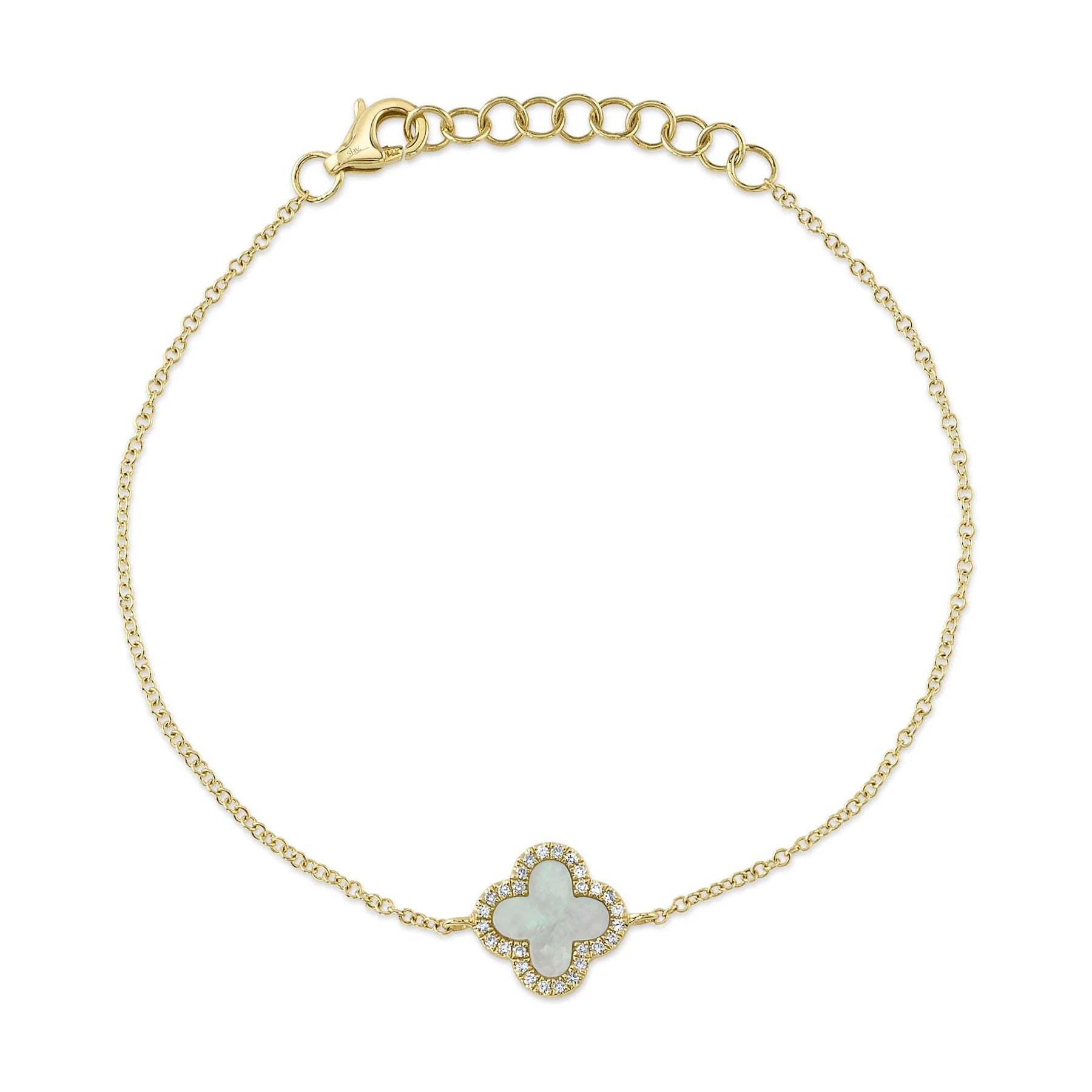 14K YELLOW GOLD MOTHER OF PEARL AND DIAMOND CLOVER BRACELET