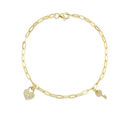 14K YELLOW GOLD 0.10CT DIAMOND HEART LOCK AND KEY BRACELET
