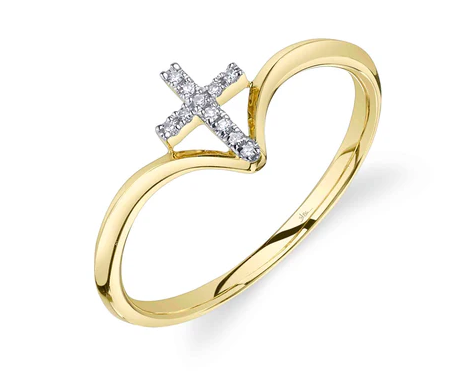 14K YELLOW GOLD 0.03CT DIAMOND CHEVRON CROSS RING