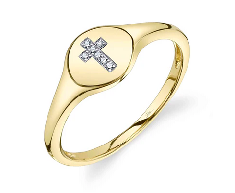 14K YELLOW GOLD 0.02CT DIAMOND CROSS SIGNET RING