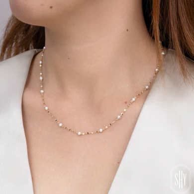 14K YELLOW GOLD CULTURED PEARL STATION NECKLACE