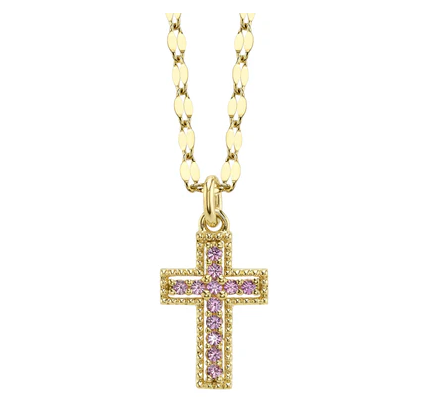14K YELLOW GOLD 0.11CTW PINK SAPPHIRE CROSS NECKLACE
