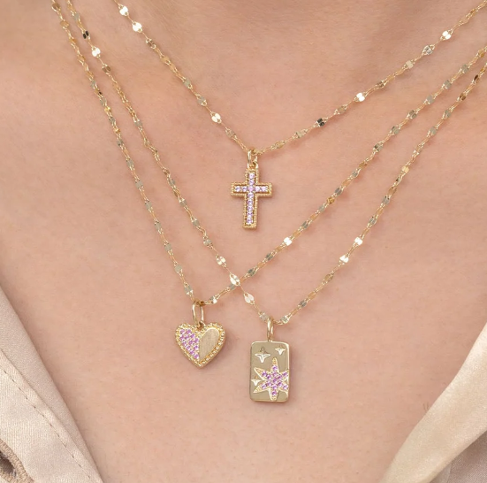 14K YELLOW GOLD PINK SAPPHIRE STAR TAG PENDANT WITH SPARKLE CHAIN NECKLACE