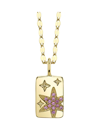 14K YELLOW GOLD PINK SAPPHIRE STAR TAG PENDANT WITH SPARKLE CHAIN NECKLACE