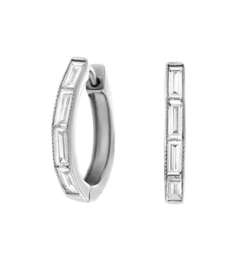 18K WHITE GOLD BAGUETTE DIAMOND HOOPS
