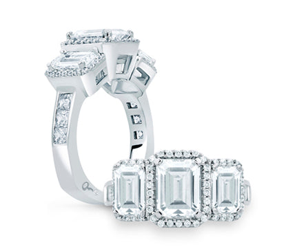A.JAFFE CLASSICS CLASSIC THREE STONE EMERALD CUT HALO ENGAGEMENT RING 2.34             (not includi