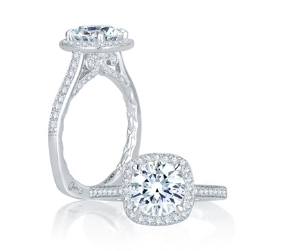 A.JAFFE QUILTED COLLECTION INTRICATE CHANNEL SET WITH MILGRAIN DETAIL CUSHION HALO QUILTED ENGAGEME