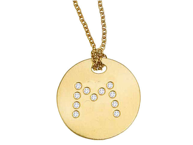 ROBERTO COIN 18K YELLOW GOLD DIAMOND INITIAL "M" DISC PENDANT FROM THE TINY TREASURES COLLECTION