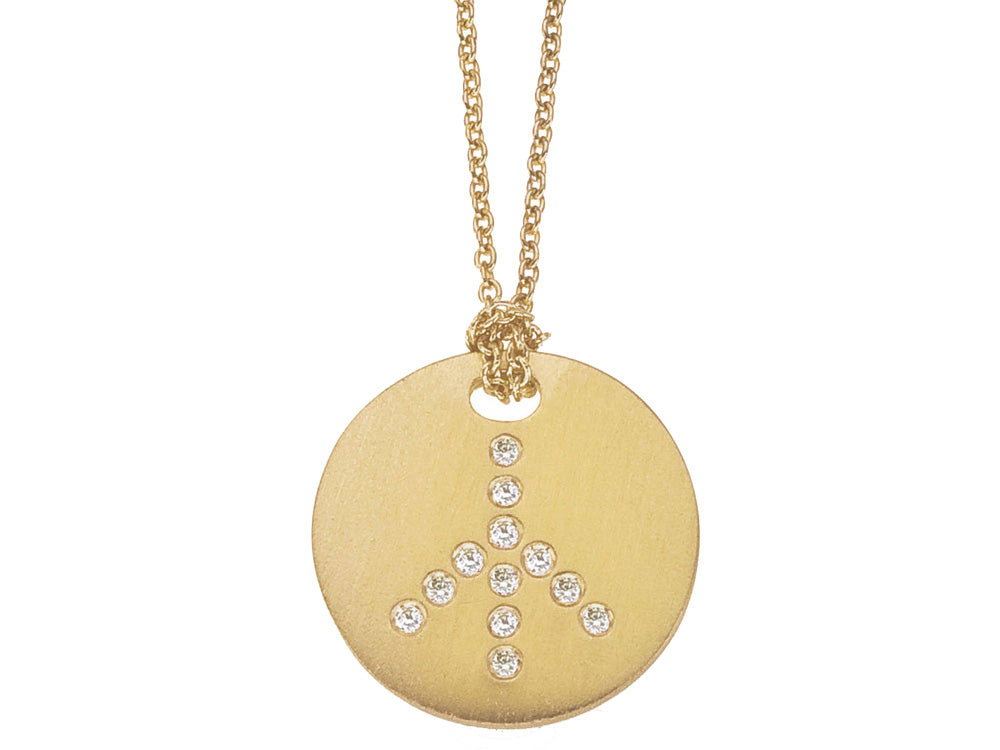 ROBERTO COIN 18K YELLOW GOLD DIAMOND PEACE SIGN ON DISC PENDANT FROM THE TINY TREASURES COLLECTION