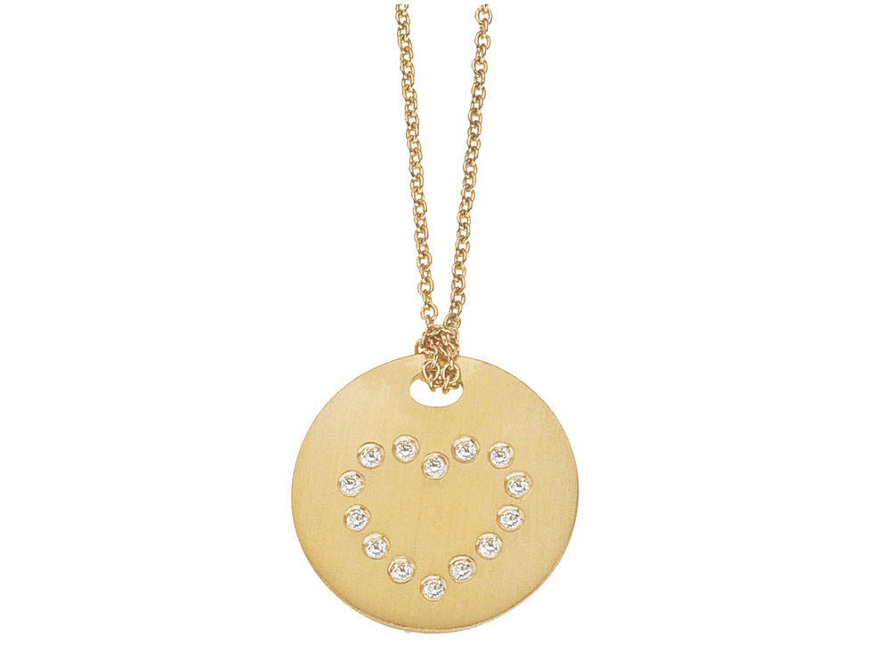 ROBERTO COIN 18K YELLOW GOLD DIAMOND HEART ON DISC PENDANT FROM THE TINY TREASURES COLLECTION    18K YELLOW GOLD TINY TREASURES HEART DISC PENDANT WIT