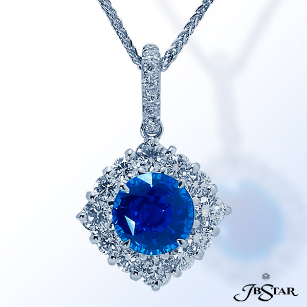 JB STAR PLATINUM BLUE SAPPHIRE AND DIAMOND PENDANT WITH A SPECTACULAR ROUND BLUE SAPPHIRE SURROUNDED