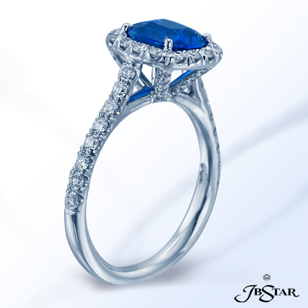 JB STAR STUNNING BLUE SAPPHIRE AND DIAMOND RING, HANDCRAFTED WITH A 1.74 CT CUSHION-CUT SAPPHIRE IN