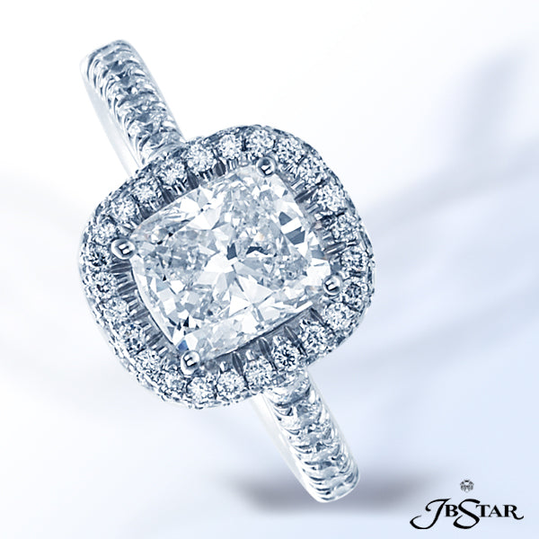 JB STAR GORGEOUS CUSHION DIAMOND ENGAGEMENT RING ENHANCED BY MICRO PAVE AND HANDCRAFTED IN PLATINUM.
