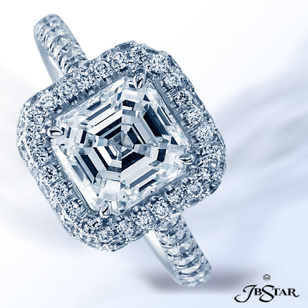 JB STAR PLATINUM DIAMOND RING FEATURING A LOVELY 2.31 CT SQUARE EMERALD DIAMOND, SET IN A PAVE HALO