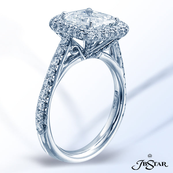 JB STAR PLATINUM DIAMOND RING FEATURING A LOVELY 2.31 CT SQUARE EMERALD DIAMOND, SET IN A PAVE HALO
