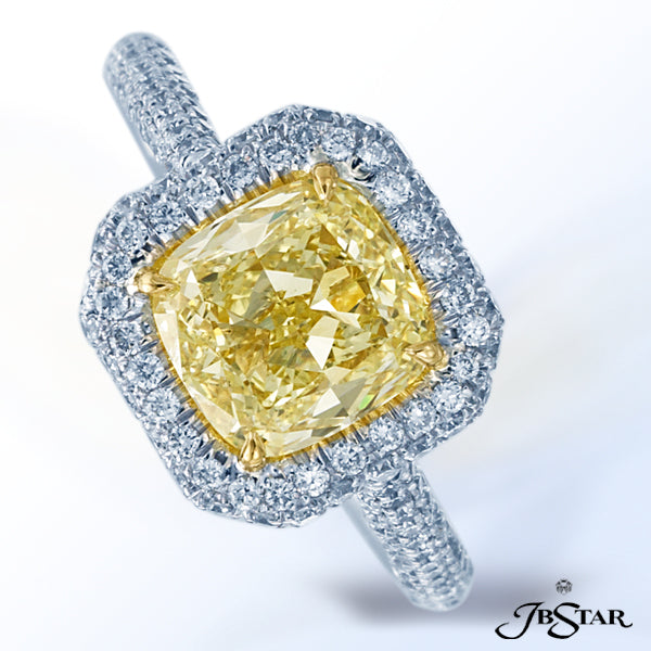 JB STAR STUNNING HANDCRAFTED PLATINUM AND 18KY RING SHOWCASES A 2.21CT FANCY YELLOW CUSHION DIAMOND