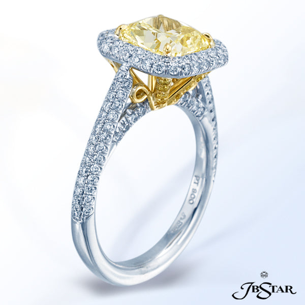 JB STAR STUNNING HANDCRAFTED PLATINUM AND 18KY RING SHOWCASES A 2.21CT FANCY YELLOW CUSHION DIAMOND