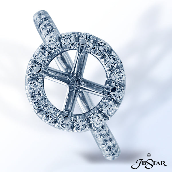 JB STAR DIAMOND AND PLATINUM SEMI-MOUNT DELICATELY HANDCRAFTED WITH A ROUND DIAMOND PAVE HALO SETTIN