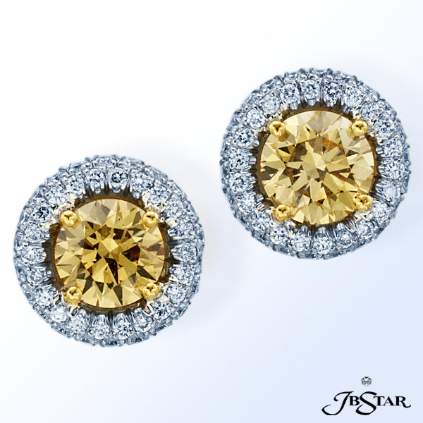 JB STAR EXQUISITELY CRAFTED STUD EARRINGS FEATURE FANCY YELLOW ROUND DIAMONDS WEIGHING 1.39CTW ENCIR