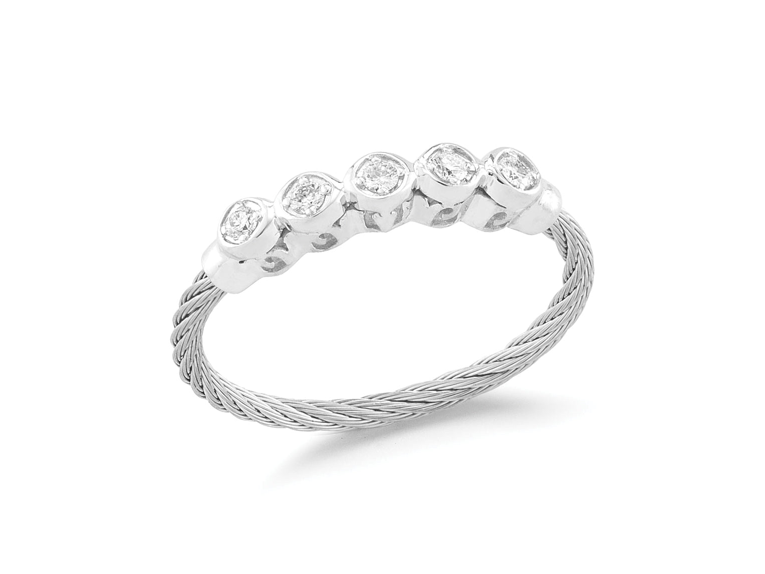 Alor Grey cable, 18 karat White Gold, 0.11 total carat weight Diamonds and stainless steel. Imported.