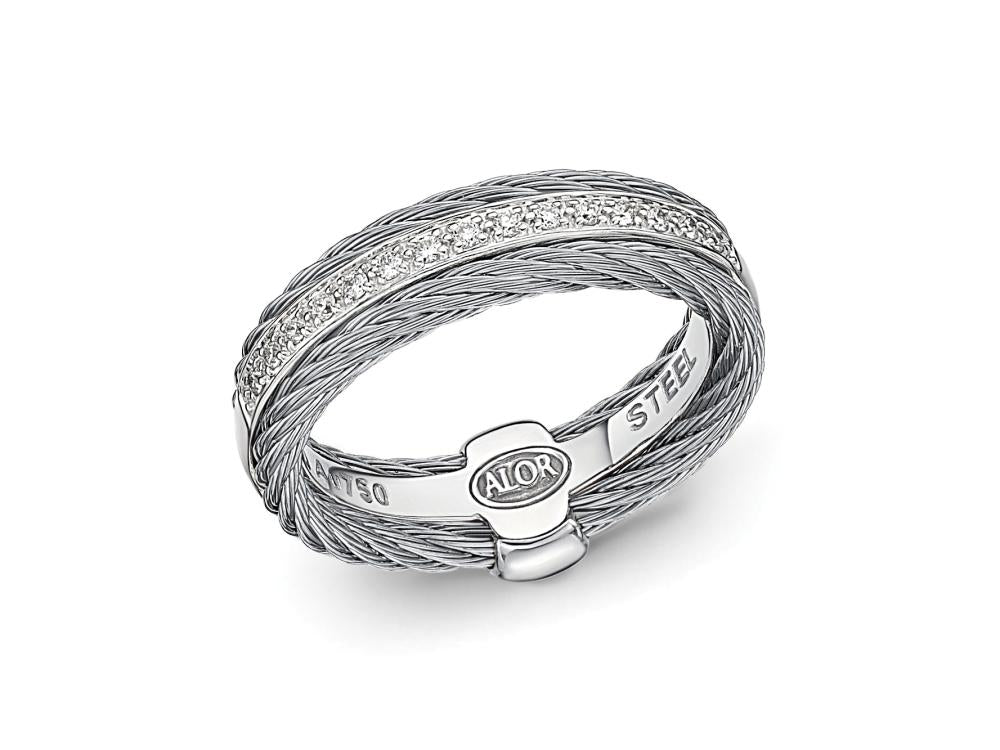 Alor Grey cable, 18 karat White Gold, 0.12 total carat weight Diamonds and stainless steel. Imported.