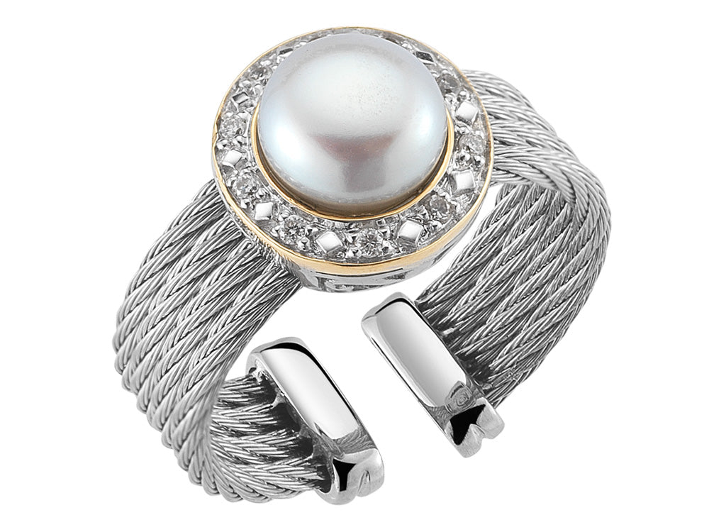Alor 18 karat Yellow Gold, stainless steel and stainless steel Cable 4 row 1.6mm with White Freshwater Pearl and 0.08 total carat weight Diamonds. Imported.