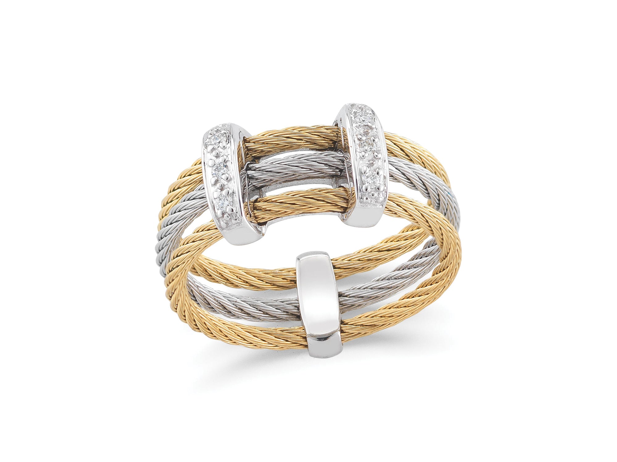 Alor Yellow cable and grey cable, 18 karat White Gold, 0.05 total carat weight Diamonds with stainless steel. Imported.