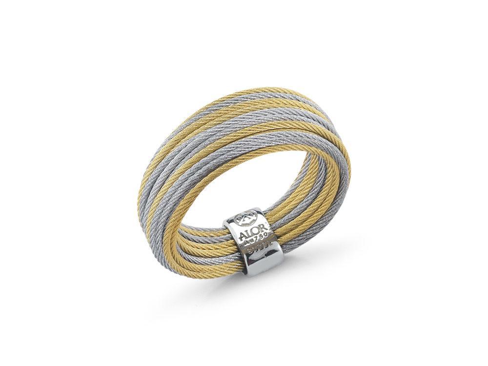 Alor Yellow micro cable and grey micro cable 24 rows, 18 karat Yellow Gold with stainless steel. Imported.