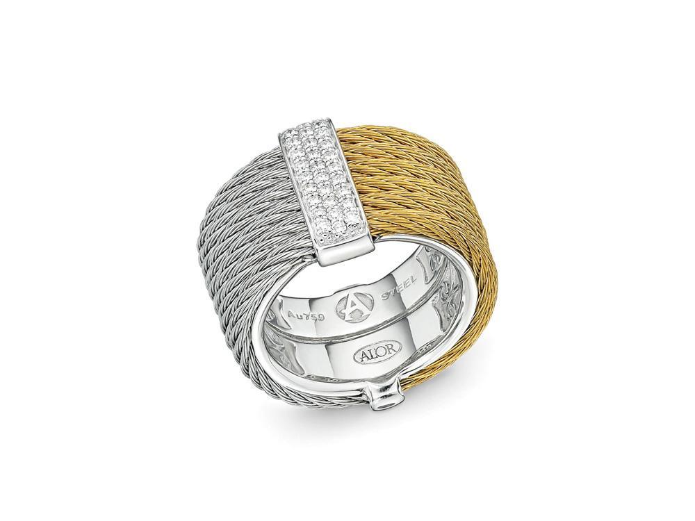 Alor Yellow cable and grey cable, 18 karat White Gold, 0.23 total carat weight Diamonds with stainless steel. Imported.