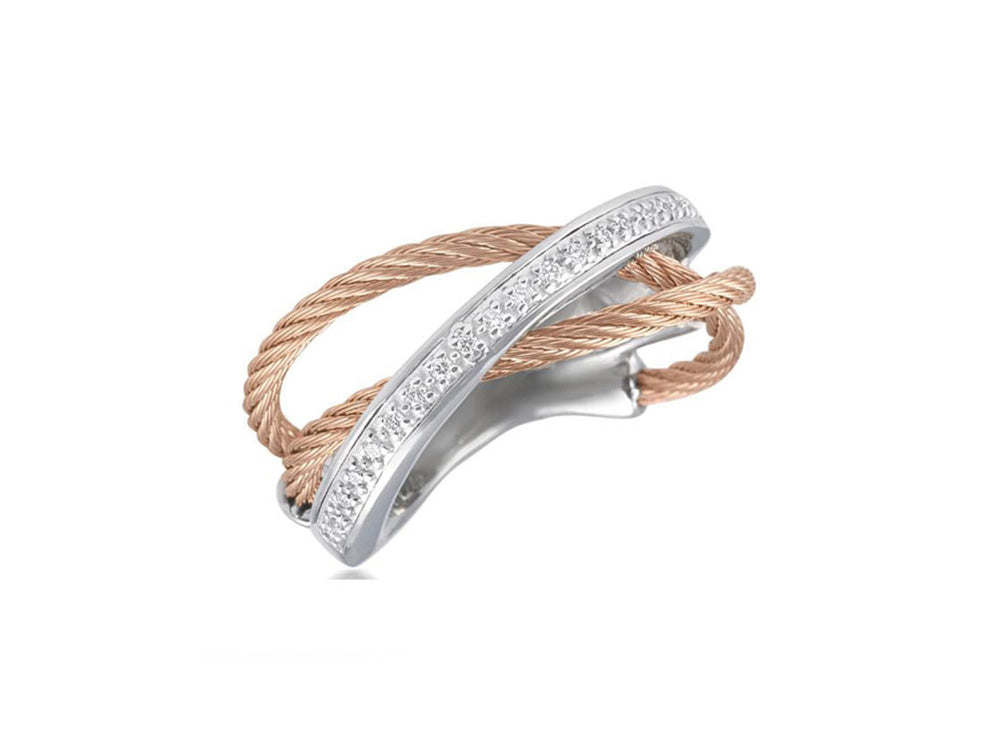Alor Rose cable, 18 karat White Gold, 0.11 total carat weight Diamonds and stainless steel. Imported.
