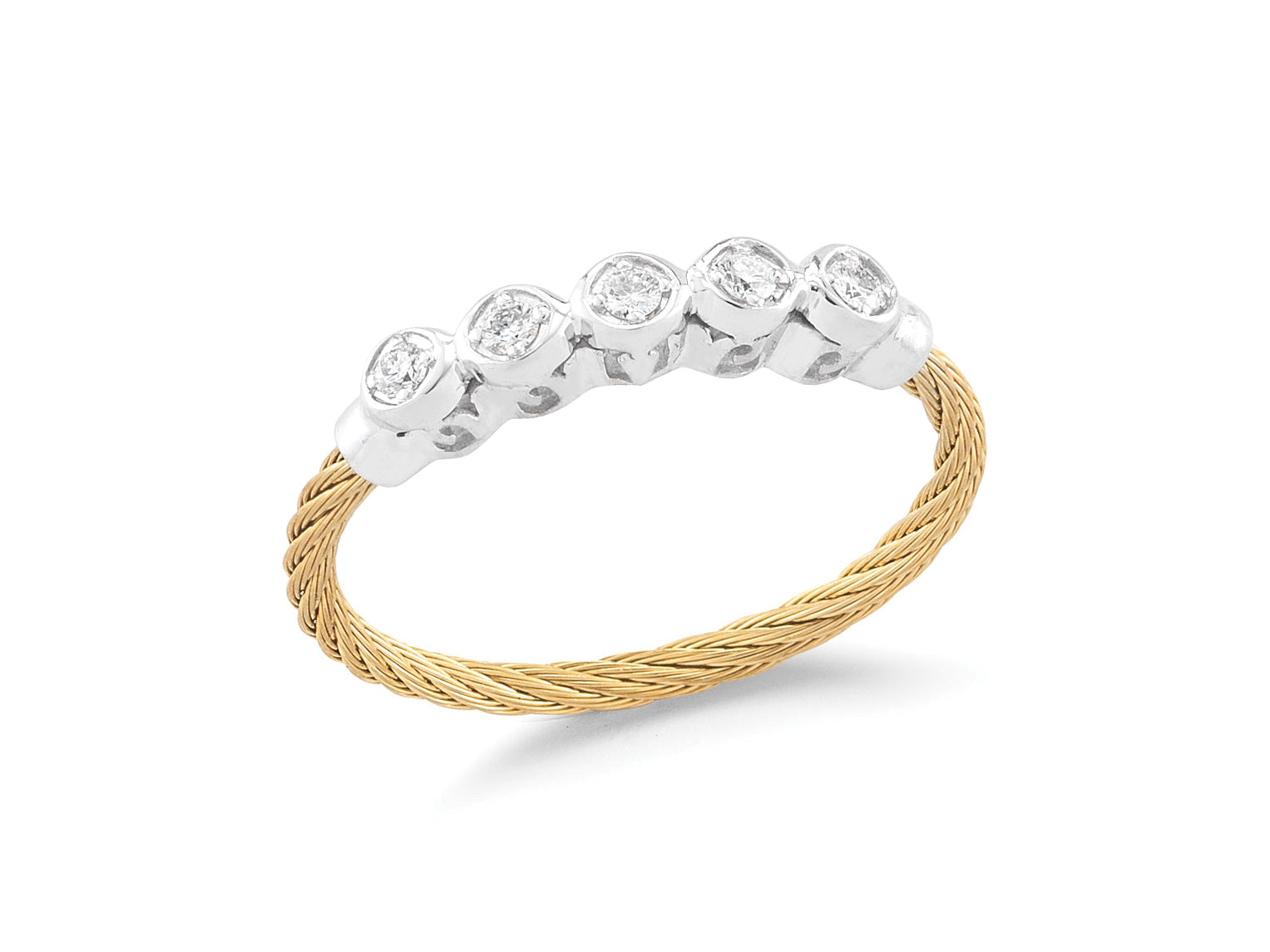Alor Yellow cable, 18 karat White Gold, 0.11 total carat weight Diamonds with stainless steel. Imported.