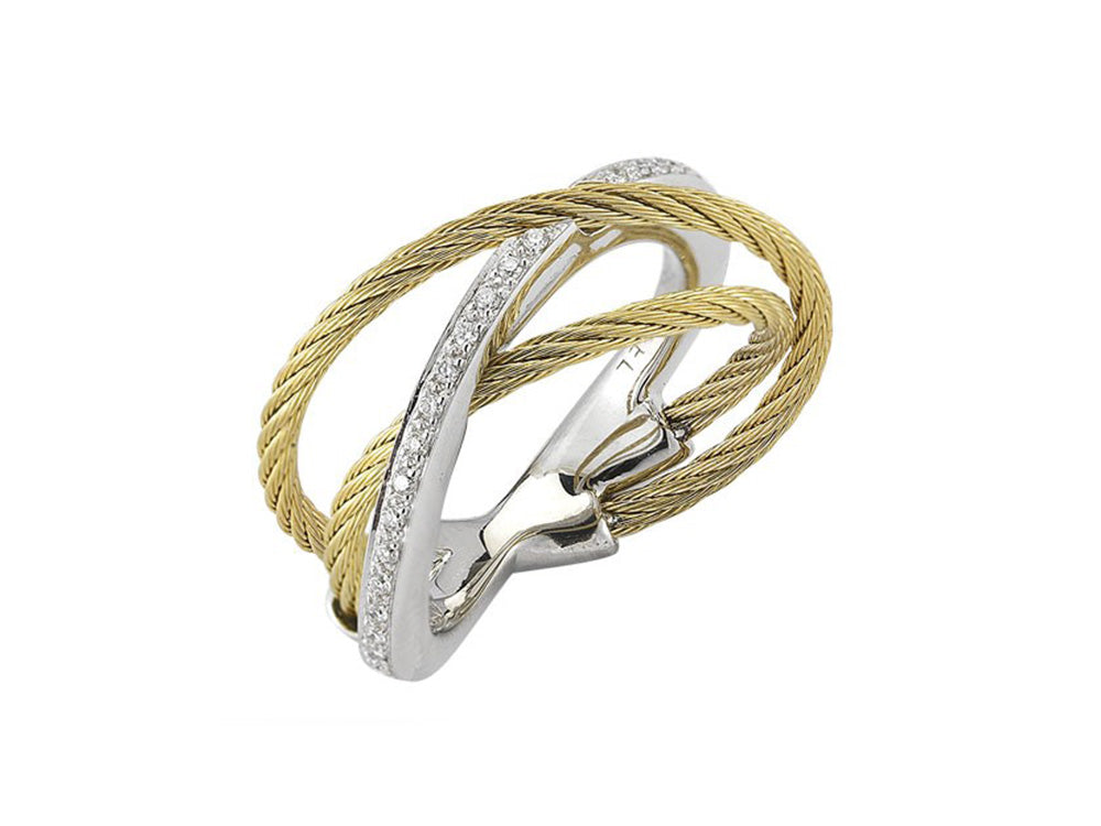 Alor Yellow cable, 18 karat White Gold, 0.11 total carat weight Diamonds and stainless steel. Imported.