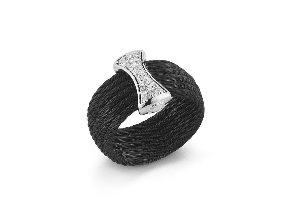 Alor Black cable 6 row 1.6mm, 18 karat White Gold, 0.12 total carat weight Diamonds and stainless steel. Imported.