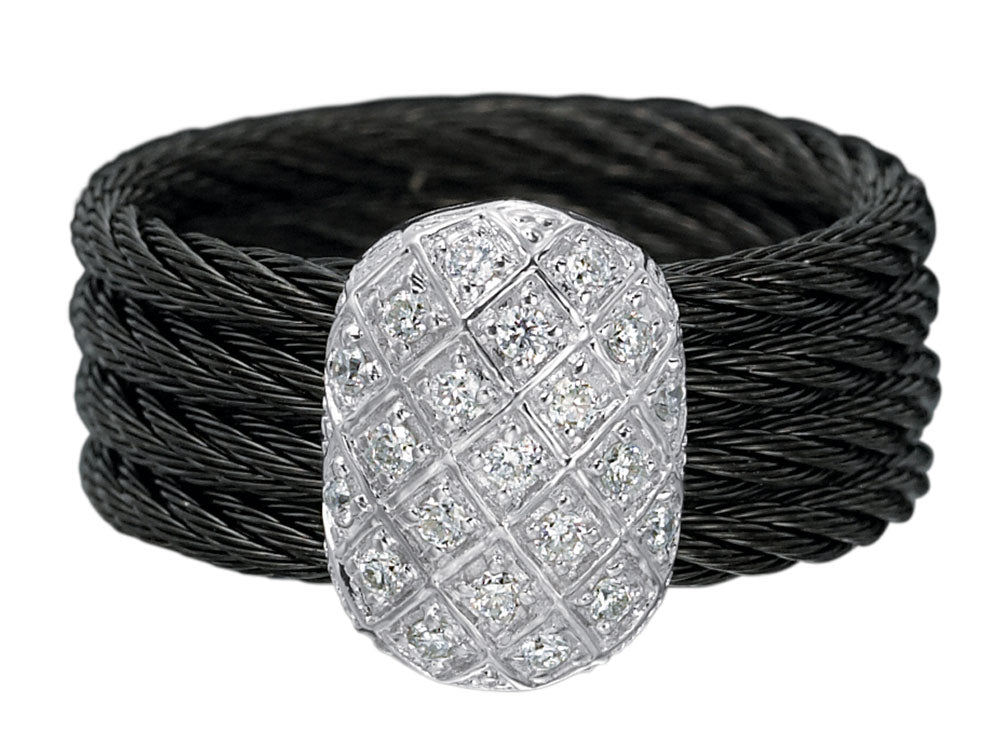 Alor Black cable 4 row 2.0mm with 18 karat White Gold and 0.19 total carat weight Diamonds, stainless steel. Imported.