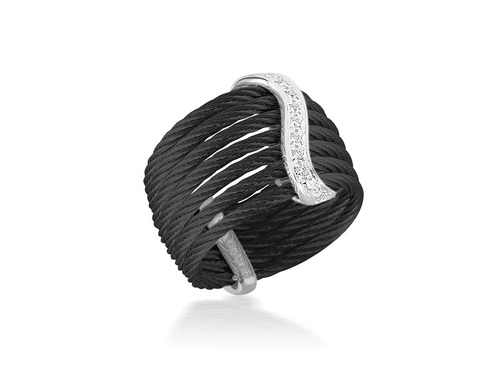 Alor Black cable, 18 karat White Gold, 0.10 total carat weight Diamonds and stainless steel. Imported.