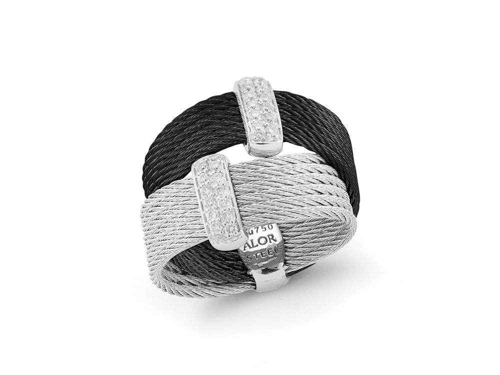 Black & Grey Cable Crossed Ring with 18kt White Gold & Diamonds