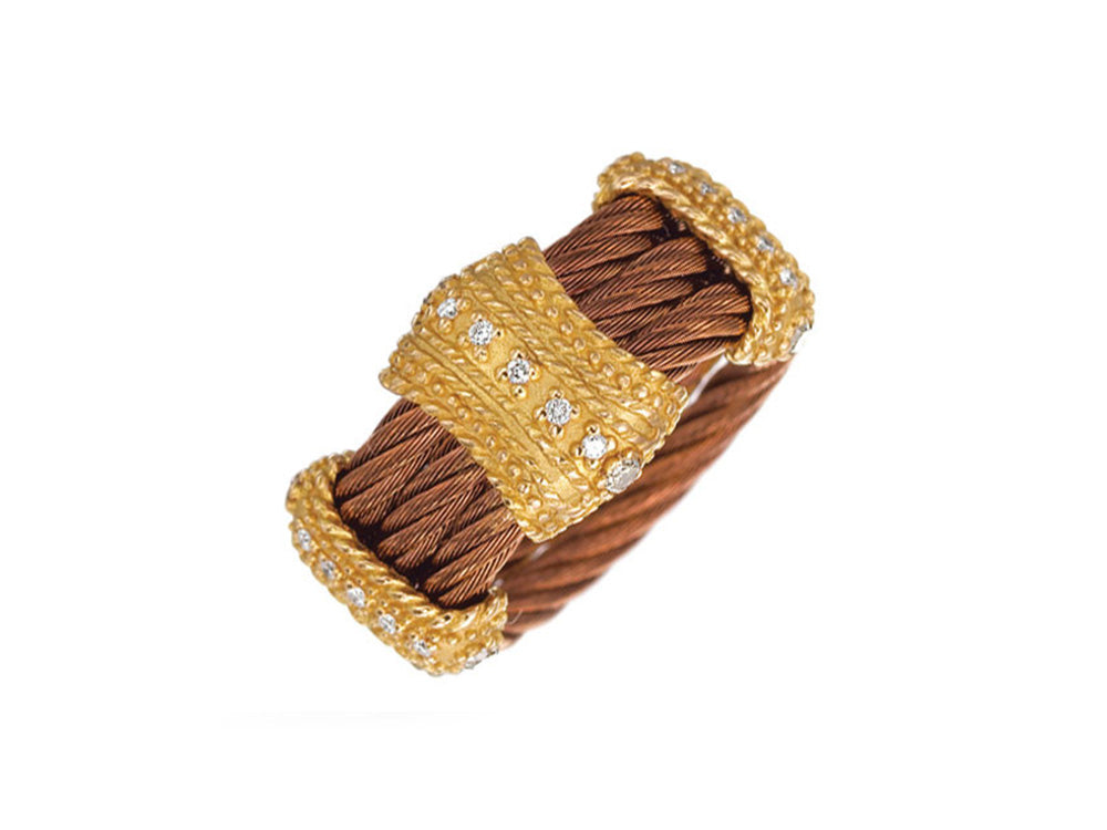 Alor Bronze cable 3 row 2.5 mm, 18 karat Petra Gold, 0.08 total carat weight Diamonds and stainless steel. Imported.